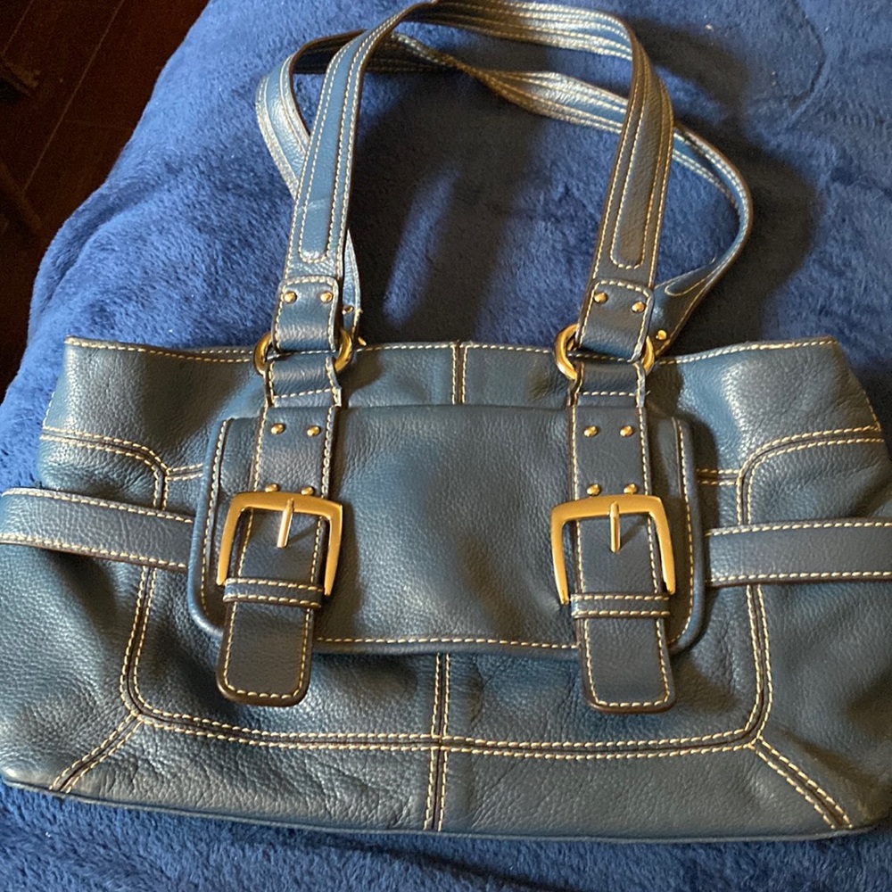Sophia Caperelli hand bag  navy exterior animal print interior people leather
